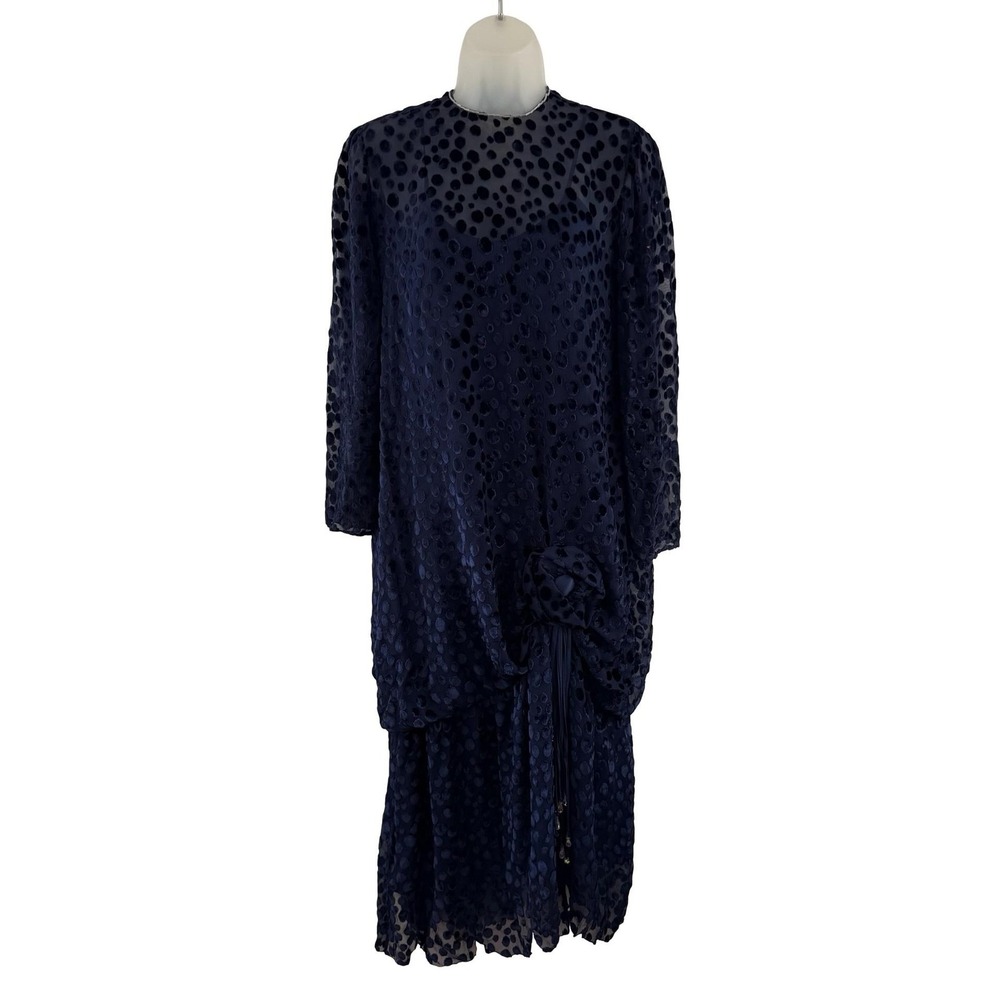 Vintage Silk Burnout Velvet Polka Dot Shift Dress L Navy Tassel Midi Formal